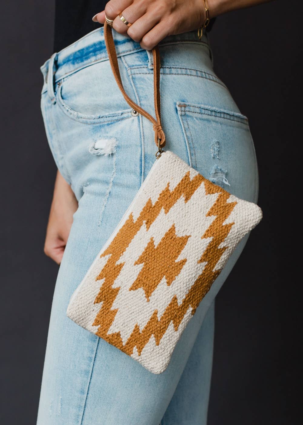 Cream & Camel Aztec Wristlet