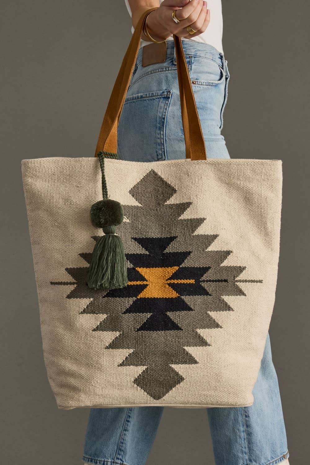 Cream, Slate, Black & Mustard Western Tote