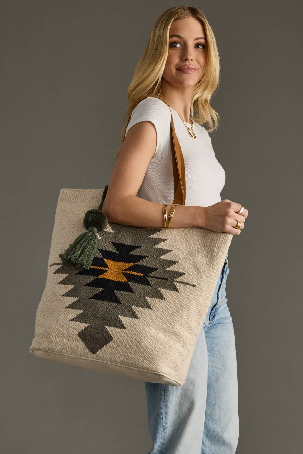 Cream, Slate, Black & Mustard Western Tote