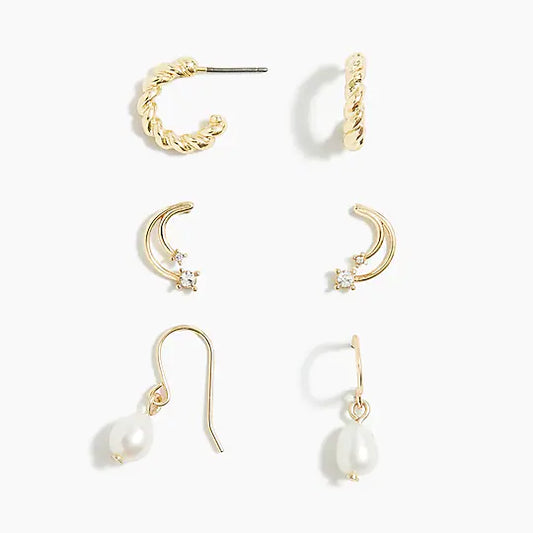 Moon Pearls Huggie Hoops - set of three